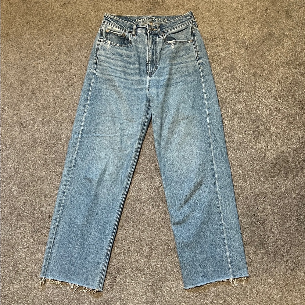 American Eagle Baggy Jeans High Rise Raw Hem Size 2